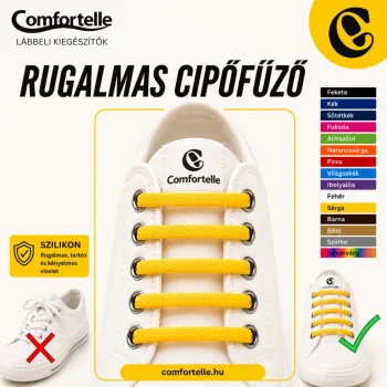 Comfortelle rugalmas szilikon cipőfűző fehér sportcipőben, sárga színben, több választható színnel, kényelmes és gyors befűzés nélküli használathoz