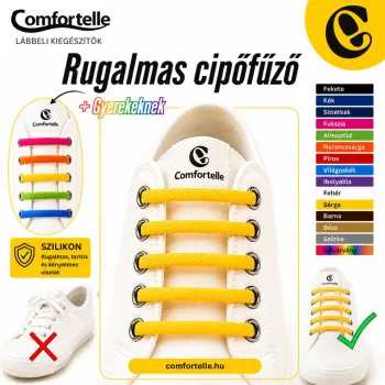 Comfortelle rugalmas szilikon cipőfűző gyerekeknek és felnőtteknek, sárga színben, kényelmes és gyors befűzés nélküli megoldás több választható színnel