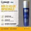 Egy flakon Movi RainStop bőr- és velúr impregnáló spray látható, amely védelmet nyújt cipőknek és kabátoknak. A képen feltüntetett előnyök: víztaszító hatás, légáteresztő képesség és hozzájárulás a te