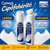 Comfortelle Movi cipőfehérítő fedőfolyadék szivacsos fejjel és azonnali cipőfény fehér bőr és vászon sportcipők mellé állítva, kék háttér előtt.