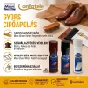 Comfortelle Movi gyors cipőápoló termékek: Movi Shoe-Shine barna és fekete önfényező cipőápoló, valamint Shoe-White fehérítő flakon elegáns barna bőrcipő és kefe mellett bemutatva.
